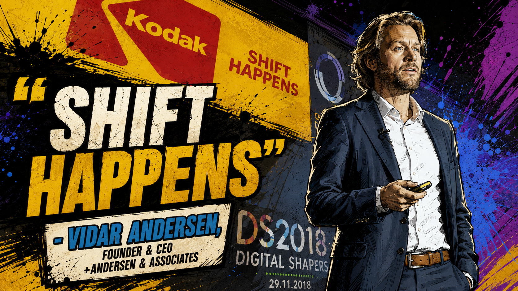 Illustration of Vidar Andersen, Founder & CEO of +ANDERSEN & ASSOCIATES, holding a Keynote talk on why innovation fails at RTL Digital Shapers in Zagreb, Croatia